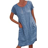 GRASWE Women's Summer Pocket A-line Dress Loose Round Neck Dress Solid Short Sleeve Dress