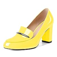 YODEKS Chunky Heels for Women Round Toe Block High Heels Slip on Pumps Loafers 3.5 Inch Closed Toe Shoes