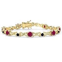 Gem Stone King 18K Yellow Gold Plated Red Created Ruby and Black Onyx Tennis Bracelet For Women | 4.90 Cttw | Gemstone July Birthstone | Round 5MM and 3MM | 6.5 Inch