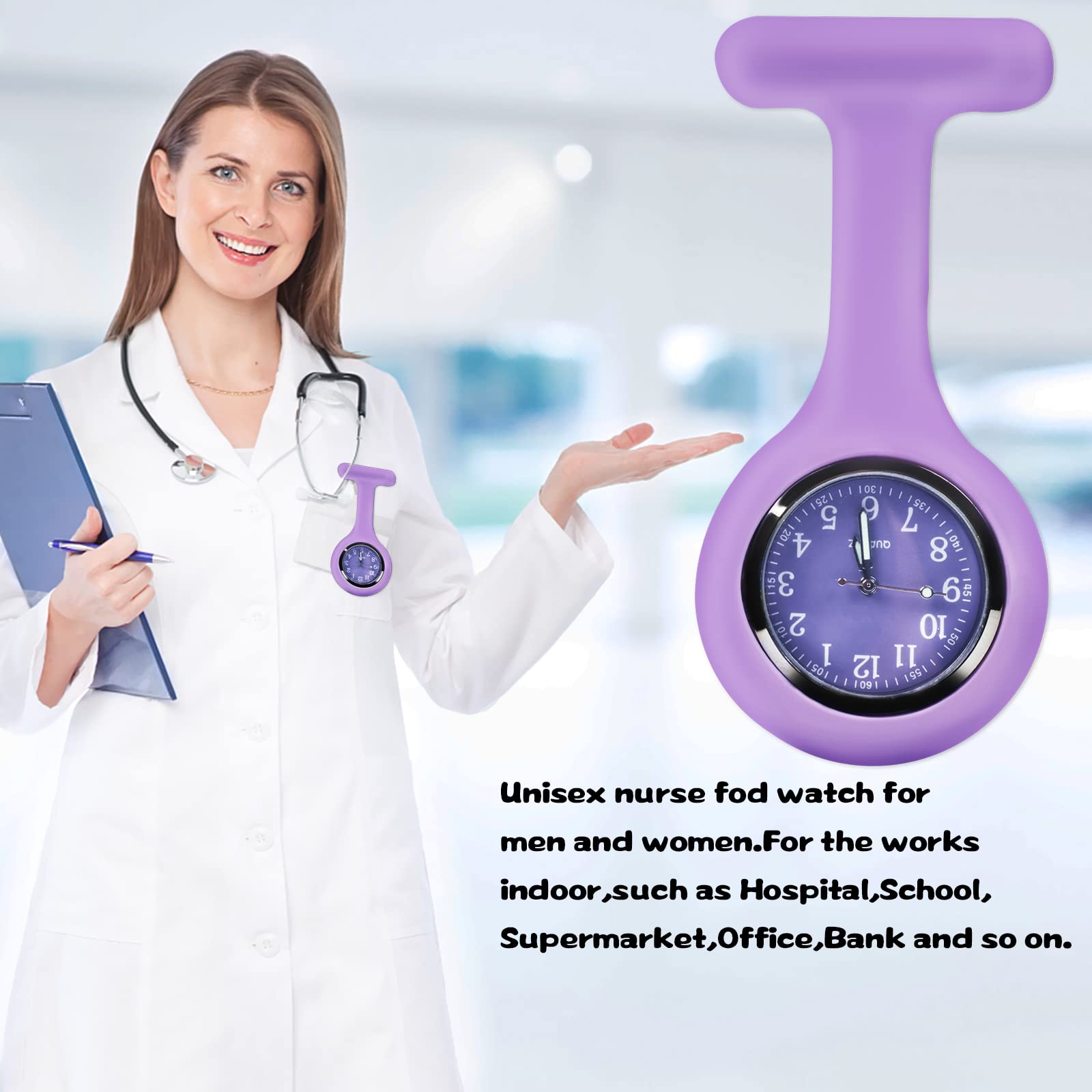 SibyTech Nurse Watch Brooch, Silicone with Pin/Clip, Control Design, Health Care Nurse Doctor Paramedic Medical Brooch Fob Watch,Purple White and Pink