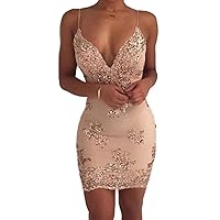 Women Sequin Wrap Dress Bodycon Mini Dress Wrap Spaghetti Strap Low Cut Slim Fit Short Dress