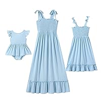 IFFEI Mommy and Me Dresses Summer Matching Outfits Spaghetti Strap Square Neck Ruffle A Line Beach Long Maxi Dress
