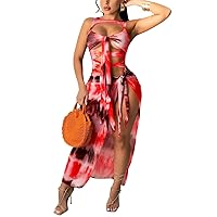 Sexy Mesh Front Cutout Self-tie Maxi Dress for Women Round Neck Sleeveless Printed High Slit Hem Beach Vacation Dress