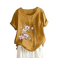 UOFOCO Summer Clothing for Women 2024 Cotton Linen Summer Womens Tops Tees Blouses Plus Size Casual Lightweight T Shirts 2024 Trendy Lady Shirts (S-5Xl) Yellow 3X-Large