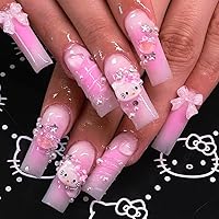 24Pcs Pink Coffin Nails Press on Nails Long Coffin Fake Nails with 3D Heart Pearl Star Nail Charms Design Nail Gems Diamond Pink Acrylic Nails Supply Full Cover False Nails Stick on Nails for Women