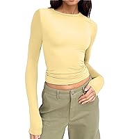 Womens Long Sleeve Crop Top Crew Neck Y2K Shirt Sexy Slim Fitted Casual Base Layer Soft Workout Shirt Going Out Tops
