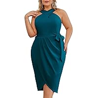 Hanna Nikole Plus Size Dresses for Curvy Women Halter Neck Sleeveless Wrap Front Ruched Bodycon Dress Party Dress