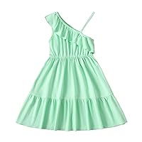 PATPAT Girl's Dress One Shoulder Slip Ribbed Ruffle Midi Casual Stripe Sundress with Belt 5-12 Years Party Birthday
