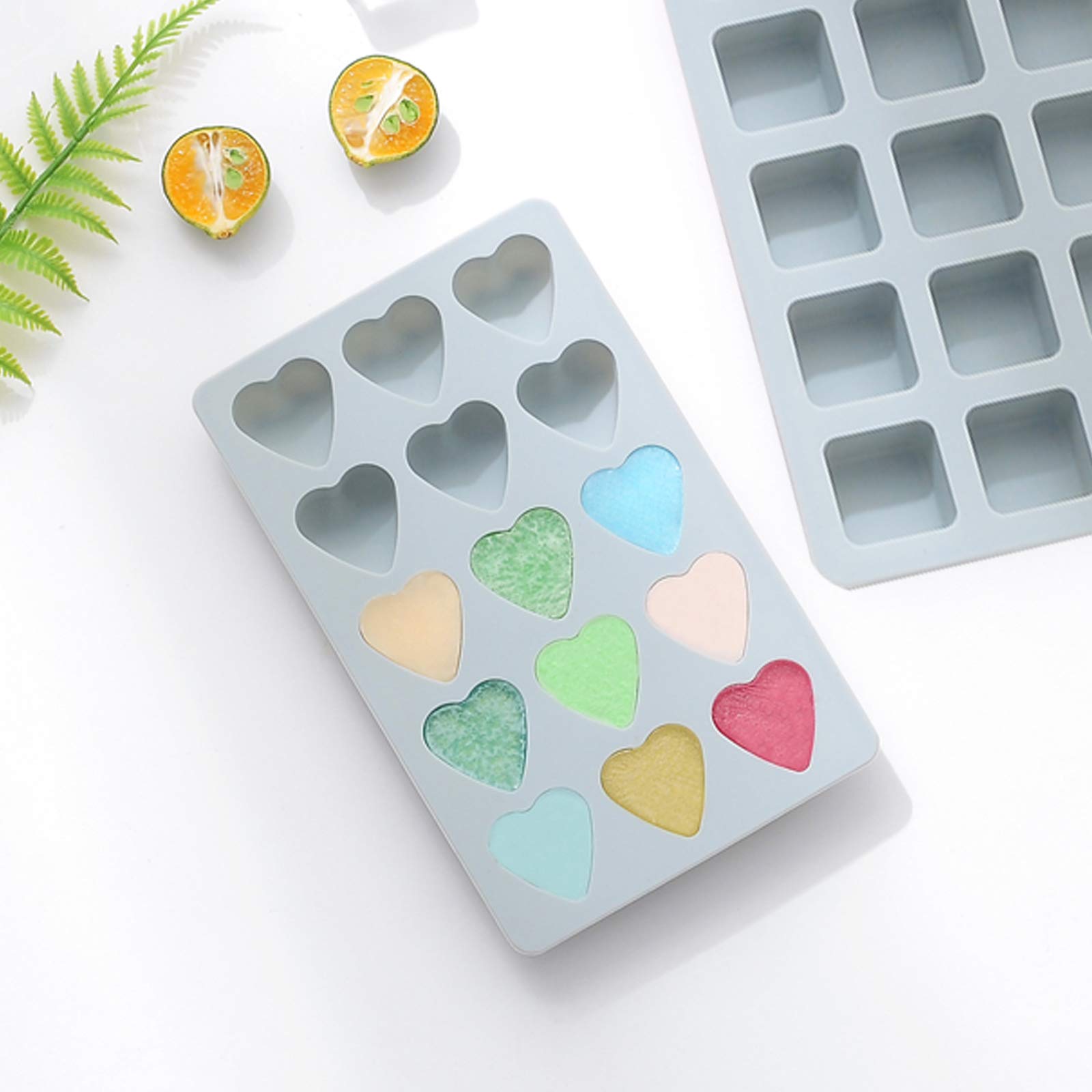 Rekidool 3 Pieces Candy and Chocolate Silicone Molds Set Non-stick Including Heart, Round, Square Baking Mold for Hard Candy, Gummy, Hot Caramel, Ice, Cake, Jello, Ganache (Blue)