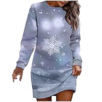 Womens Ugly Christmas Sweater Dress Funny Snowflake Sweatshirts Mini Dress Xmas Casual Crewneck Pullover Dresses