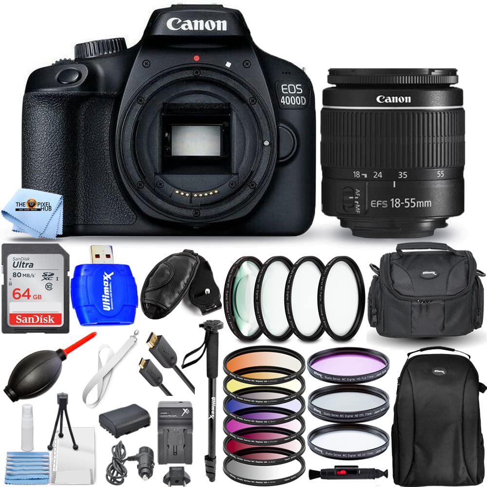 Pixel Hub Canon EOS 4000D / Rebel T100 with EF-S 18-55mm III Lens Bundle Includes: Extra Battery and Charger, 64GB SD, 6PC Gradual Color Filter Kit, Macro/Close Lenses, Backpack and More (Renewed)