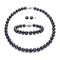 Black Freshwater Cultured Pearl Set for Women AA+ Quality Sterling Silver Clasp (7.5-8mm) - PremiumPearl