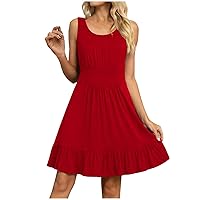 Round Neck Solid Tank Dress for Women, Elastic Waist Tiered Mini Dress Sexy Beach Smocked Sundress Casual Loose Fit Dress