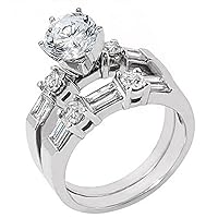 14k White Gold 1.76 Carats Round & Baguette Diamond Engagement Ring Bridal Set