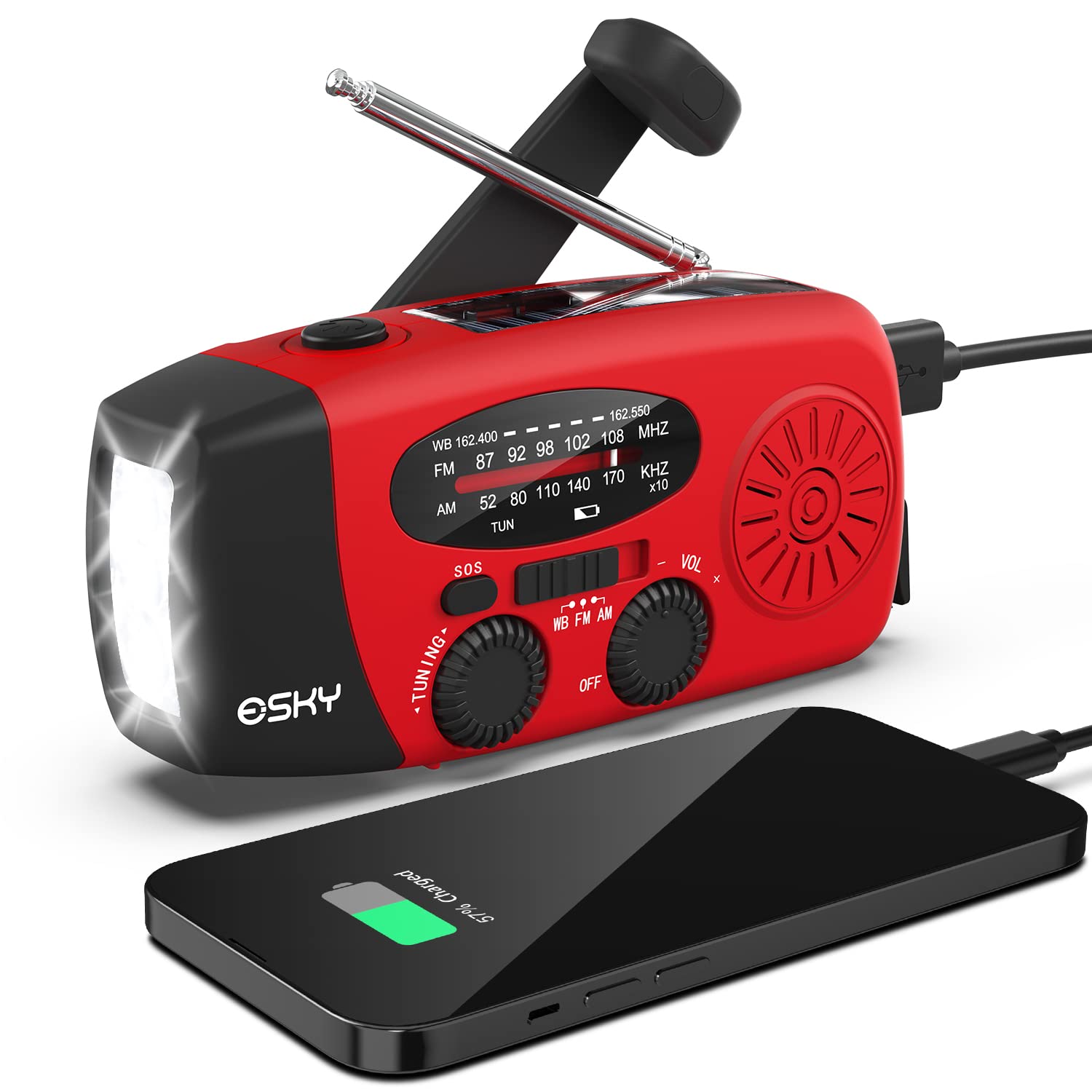 Emergency Hand Crank Radio with 3 LED Flashlight, Esky AM/FM/NOAA Portable Weather Radio with 2000mAh Power Bank Phone Charger, Solar Powered USB Charged Radio for Indoor Outdoor Camping, SOS Alarm