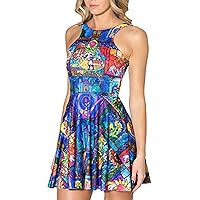 QZUnique Women's Cartoon Printed Stretchy Sleeveless Pleated Fit and Flare Skater Dress