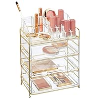 mDesign Plastic Cosmetic Organizer Storage Station with 3 Drawers and 16 Divided Sections for Bathroom, Cabinet, Countertops - Holds Eye Shadow Palettes, Brushes, Blush, Mascara - Soft Brass/Clear