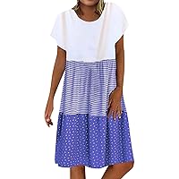 My Orders Summer Dresses for Women 2024 Trendy Plus Size Crewneck Short Sleeve Patchwork Dress Going Out Dressy Casual Color Block Beach Sundress Today(1-Blue,XX-Large)