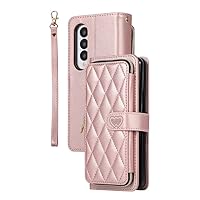 Crossbody Lanyard Zipper Leather Wallet Card Phone Case for Samsung Galaxy Z Fold 5 4 3 Luxury Wrist Rope Flip Stand Cover Coque,Rose Gold,for Samsung Z Fold 4