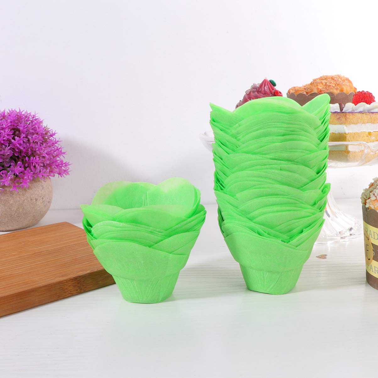 Luxshiny Muffin Liners 100pcs Truffle Wrappers Paper Chocolate Candy Cups Flower Shaped Truffle Cups Baking Liners for Parties Cupcakes Muffins Mini Snacks Green Cupcake Liners
