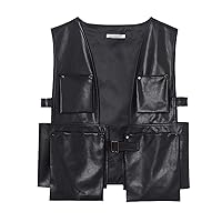 Men's Multi Pocket Rivet Leather Work Vest Jacket Harajuku Street Fashion Hip Hop Vintage Leather Vest