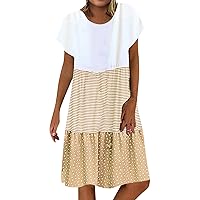 Deals of The Day Clearance Prime, Flowy Summer Dress for Women, Sundresses Casual Beach, Dresses 2024, Clashing Color Short Sleeve Printed Splicing Crewneck Swing Comfy Sundress (5XL, Khaki)