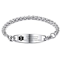 Alert Bracelet Custom Engraved, 6.5-8.7 Inches, Allergy Life Identification Name ID for Men Women Stainless Steel Chain Bracelets - (Bundle with Emergency Card, Holder)