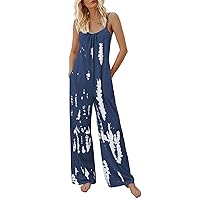 PEHMEA Women's Casual Sleeveless Adjustable Spaghetti Strap Tie Dye Jumpsuits Stretchy Wide Leg Rompers with Two Pockets