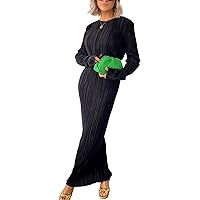 Annystore Women's Long Sleeve Loose Dress Pleated Crew Neck Slim Bodycon Plain Casual Maxi Dresses Cocktail Party Clubwear