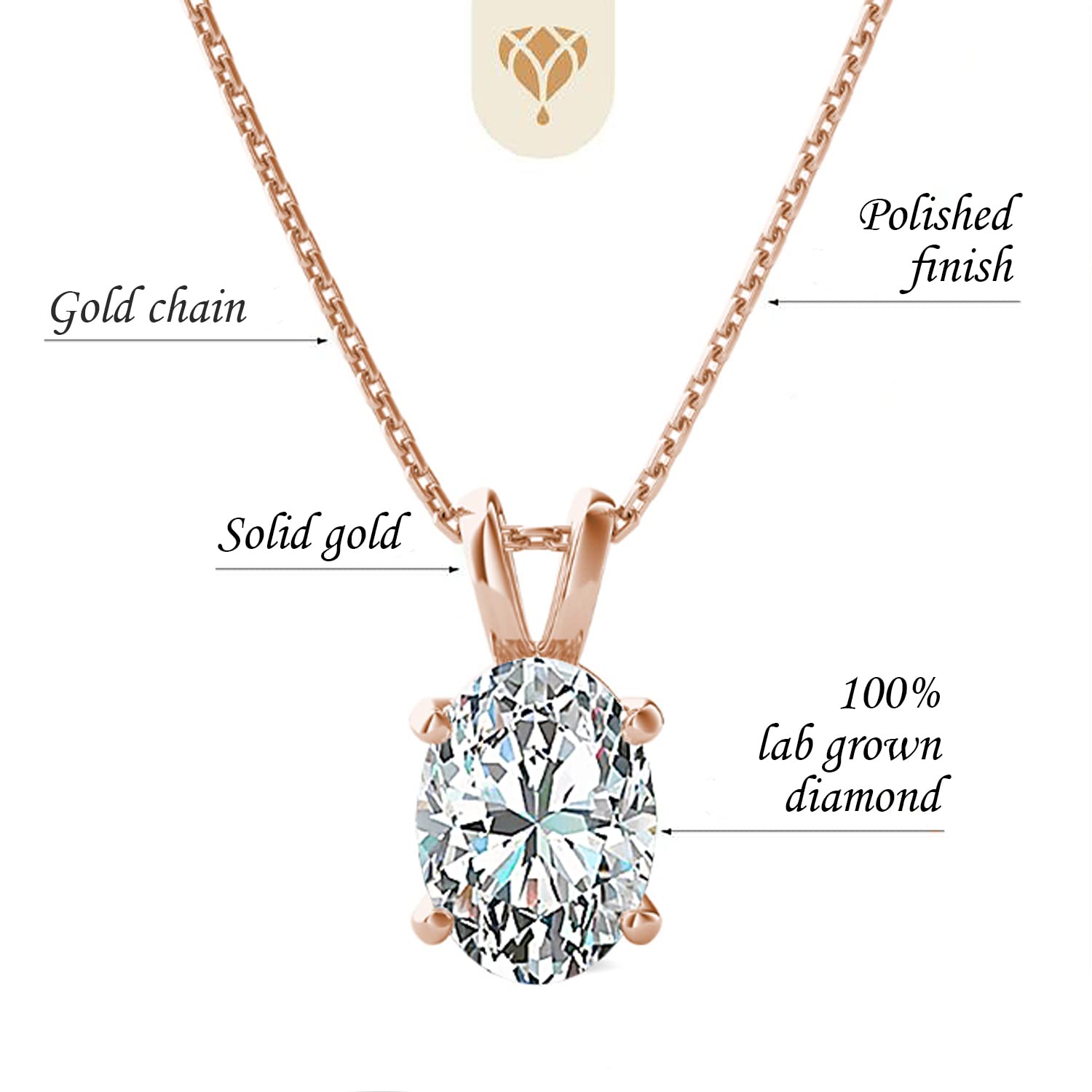 The Diamond Deal .25-1.00 Carat Oval Shape Brilliant Solitaire Lab-Grown Diamond Solitaire Pendant Necklace For Women Girls infants | 14k Yellow or White or Rose/Pink Gold With 18