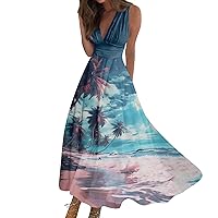 Women's Hawaiian Dresses Summer Fashion Print V-Neck Sleeveless Tunic Casual Dresses, S-3XL