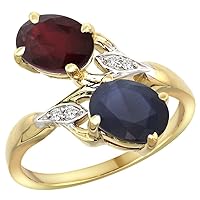 14k Yellow Gold Diamond Enhanced Genuine Ruby & Natural Blue Sapphire 2-stone Ring Oval 8x6mm, sizes 5 - 10