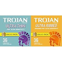 TROJAN Ultra Thin Condoms for Ultra Sensitivity, Lubricated Condoms for Men, America’s Number One Condom, 36 Count Value Pack & Ultra Ribbed Condoms for Ultra Stimulation, 36 Count, 1 Pack
