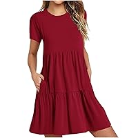 Women's 2024 Summer Casual Dresses Short Sleeve Crewneck Loose Flowy Dress Tiered Swing Mini Dresses with Pockets