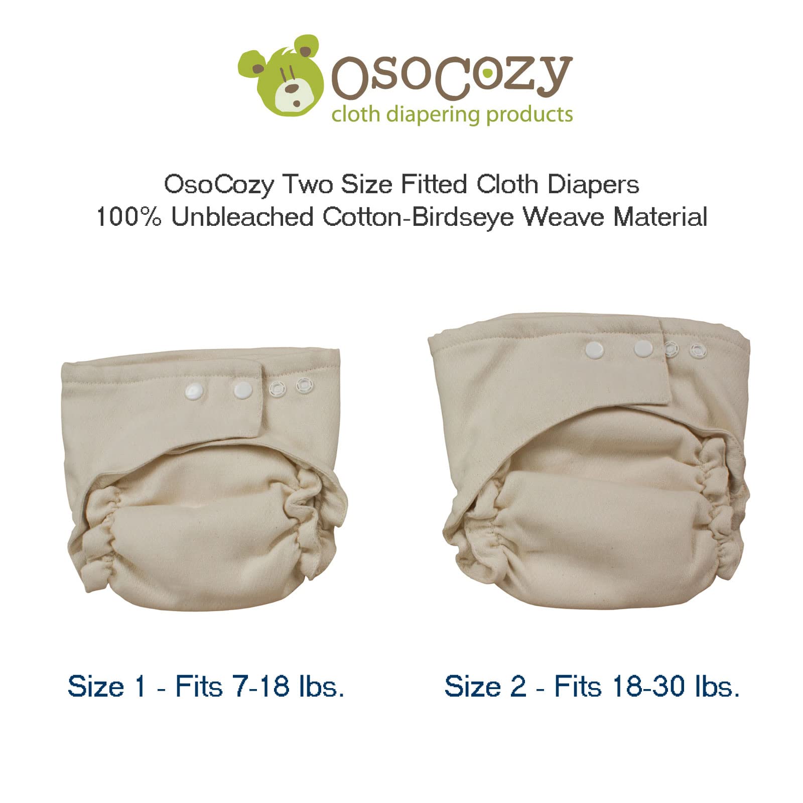 Osocozy Two Sized Fitted Cloth Diaper - 6 Count (Pack of 1) - Soft, Durable and Absorbent 100% Cotton Birdseye Weave Material. Easy to Use Snap Closures. Size 1 Fits 7-18 lbs