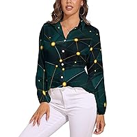 Colorful Geometric Shapes Angles Pattern Women's Button Down Shirt V Neck Long Sleeve Blouses Fashion T-Shirt Tops