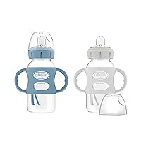 Milestones Wide-Neck Sippy Spout Bottle with 100% Silicone Handles, Easy-Grip Handles with Soft Sippy Spout, 9oz/270mL, Light-Blue & Gray, 2-Pack, 6m+