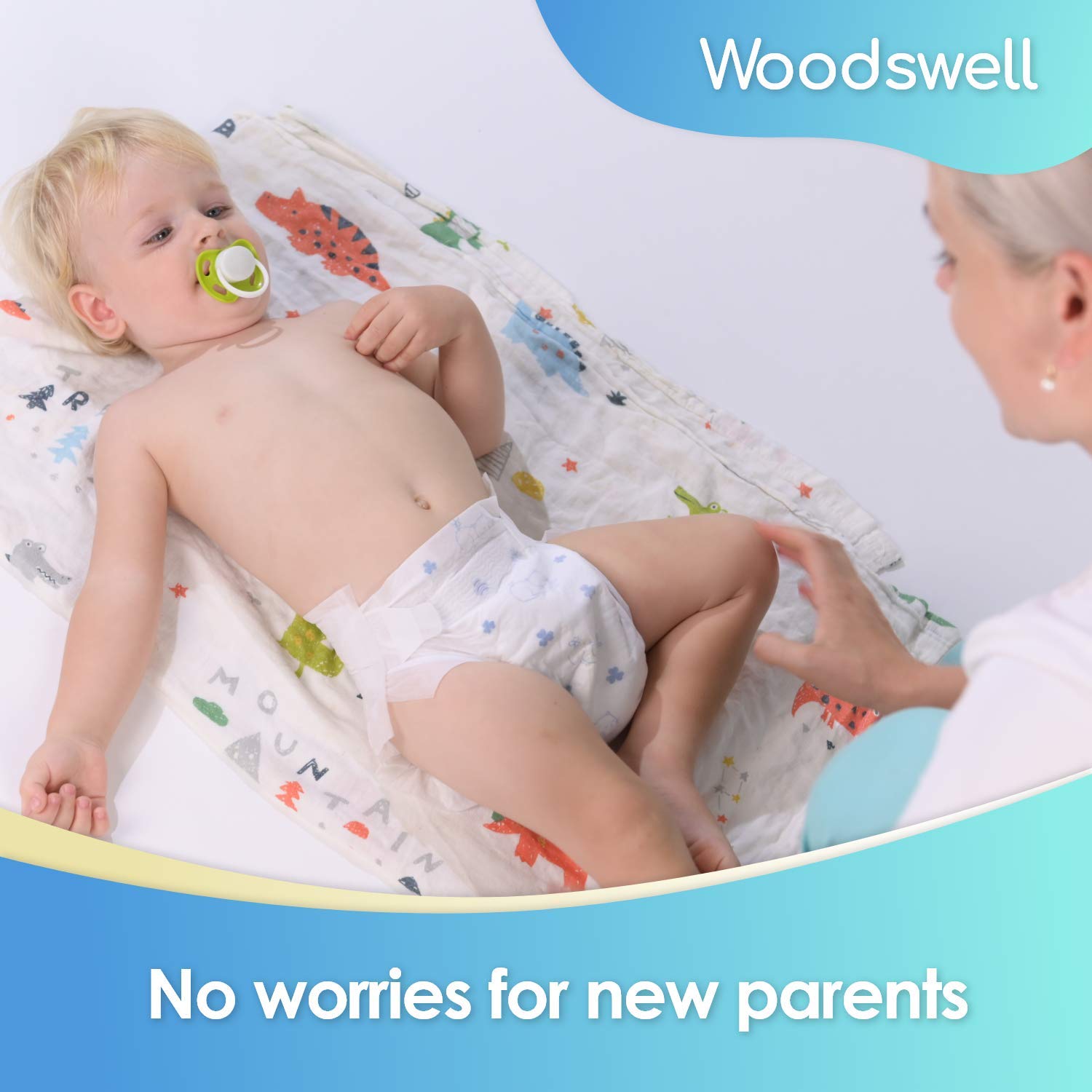 Woodswell Care Baby Diapers (Size 1, 100 Counts) - Hypoallergenic, Double Leak Protection, Ultra Soft, Super Absorbent, Edible Fabric Surface Layer