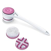 Beurer FC25 Body Scrubber, Electric Spin Body Brush & Back Brush Long Handle for Shower with 2 Brush Heads, 2 Speeds, Exfoliating Body Scrubber for Body, Batteries Included, White/Pink