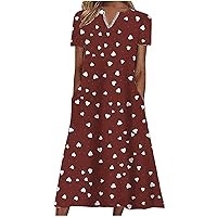 Plus Size Women Heart Polka Dot V Neck T-Shirt Dress Summer Short Skeeve Tunic Casual Fashion Mid Dress with Pockets