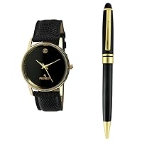 Peugeot PP Men's Designer Watch and Pen Gift Set with Black Genuine Leather Strap
