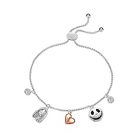 Amazon Essentials Disney Two-Tone Fine Silver Plated Crystal Nightmare Before Christmas Adjustable Bolo Charm Bracelet