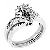 14k White Gold .47 Carats Marquise Baguette & Round Diamond Engagement Ring Set
