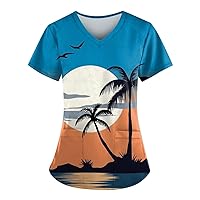 Hawaiian Top for Women Fashion Printed Short Sleeve V Neck Pattern Blouse Pocket Working T-Shirts