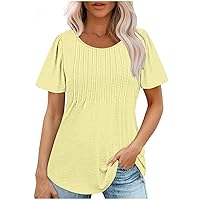 Womens Summer Tops Pleated Short Sleeve Crew Neck T Shirts Loose Fit Casual Dressy Blouses Plain Solid Color Tees