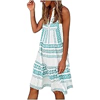 Women Ethnic Print Deep V Neck Casual Swing Tank Dress Summer Sleeveless Stand Collar Tunic Flowy Beach Knee Dresses