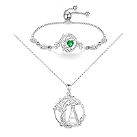 FANCIME Tree of life Jewelry Set Sterling Silver Alphabet Initial Letter A Name Pendant Emerald Bracelet Birthday Mothers Gifts for women Wife Mom Her