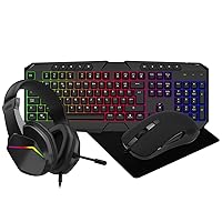 CiT Raptor 4-in-1 Gaming Kit, Wired Keyboard (UK Layout) & Mouse with Headset and Mouse Pad, Rainbow LED Backlit, Multimedia Keys, 2400 DPI, 7 Colour LED Mouse Gaming Bundle For Windows | Black