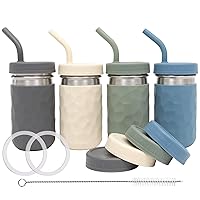 WeeSprout 2-in-1 Drinking Cups for Kids, Durable Stainless Steel Tumbler for Smoothies, Silicone Straws with Stoppers, Premium Plastic Twist Lids, Easy-Grip Sleeves, Set of 4 Dishwasher Safe Kid Cups