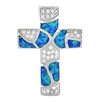 Sterling Silver Synthetic Opal Cross Necklace for Women Hand Inlay & CZ Stones 1 1/4 inch